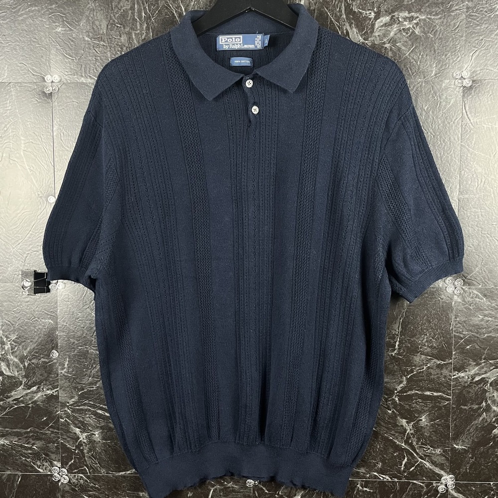 Polo Ralph Lauren Men's Blue Terry Cable Knit Polo Shirt Large